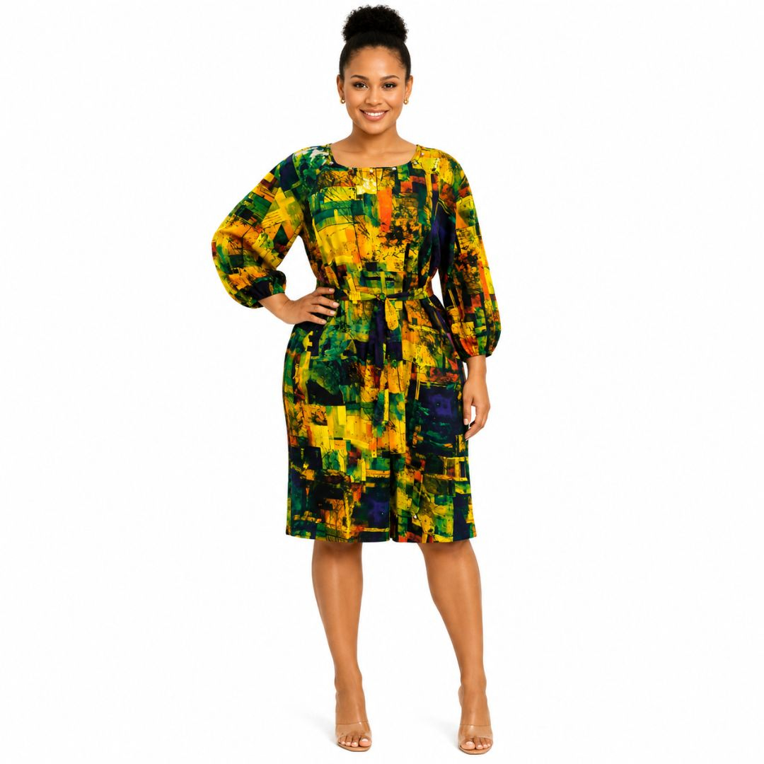Womens Multicolor Abstract Print Knee Length Dress with Waist Tie